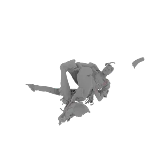 A 3D model of a human figure captured in a dynamic, mid-fall pose, with limbs extended and clothing appearing to flow.