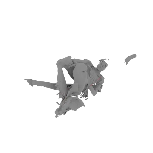 A 3D model of a human figure captured in a dynamic, mid-fall pose, with limbs extended and clothing appearing to flow.