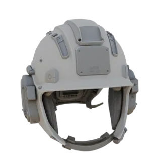 Modello 3D grigio di un guscio casco sicurezza industriale smart, vista frontale.