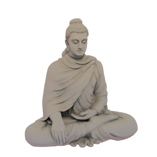 3D model of a serene Buddha statue in a meditative pose, with eyes closed and hands resting in its lap, draped in flowing rob