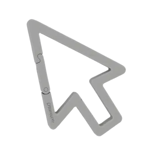 Modelo 3D de um mosquetão cinza em forma de cursor de computador, com o mecanismo do clipe visível na cauda.