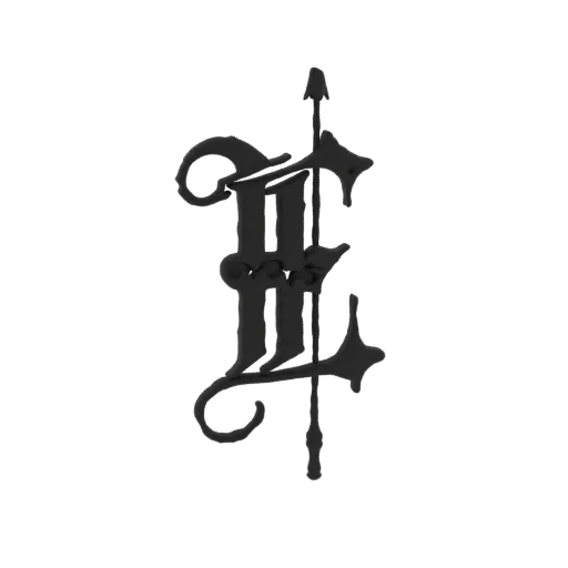 3D model of a black Gothic letter E monogram with ornate flourishes and a metallic sheen.