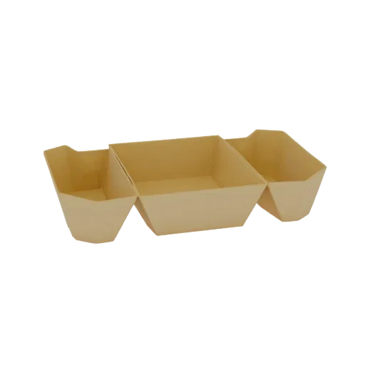 Modelo 3D de bandeja de papel de madeira com cinco compartimentos, em pé sobre um fundo branco.