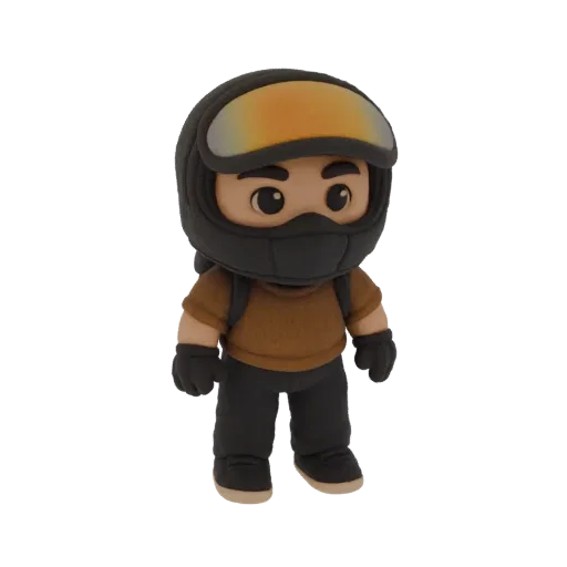 A 3D render of a stylized character wearing a black helmet with orange goggles, a brown shirt, and black pants, standing agai