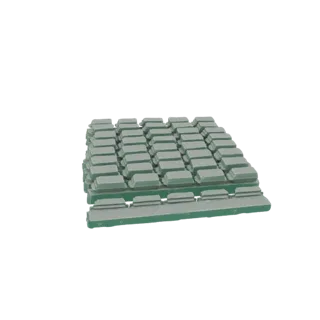 3D model of a neat stack of light green gold bars on a dark background.