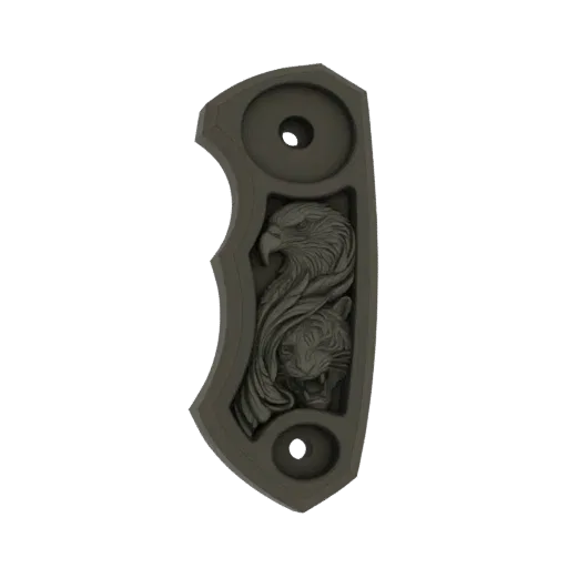 3D model of a knife handle with an intricate carving of an eagle and a tiger.