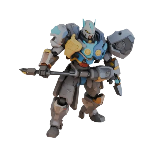 3D model of an armored robot warrior with a hammer, standing in a combat pose