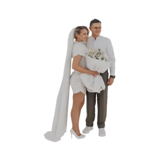 3D model of a smiling bride in a white dress and veil, holding a bouquet, next to a groom in a white shirt and grey pants.