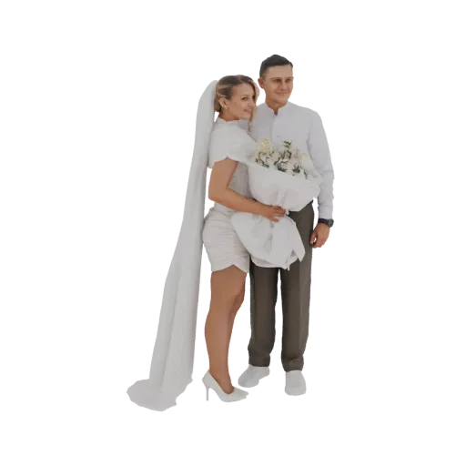 3D model of a smiling bride in a white dress and veil, holding a bouquet, next to a groom in a white shirt and grey pants.