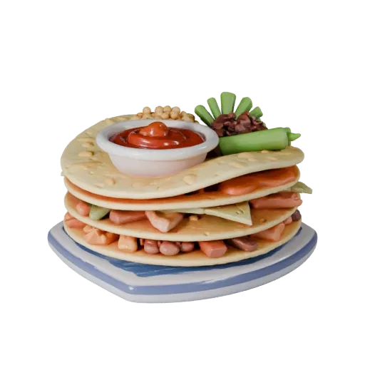 Modello 3D Viz Prodotto Piatto Gourmet Taco, rendering studio a tre quarti, che mostra salse, composizione del piatto.