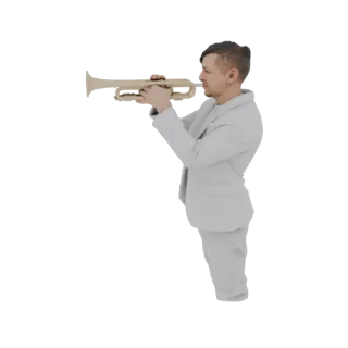 Modelo 3D de un hombre con traje gris claro tocando una trompeta dorada, visto de lado.