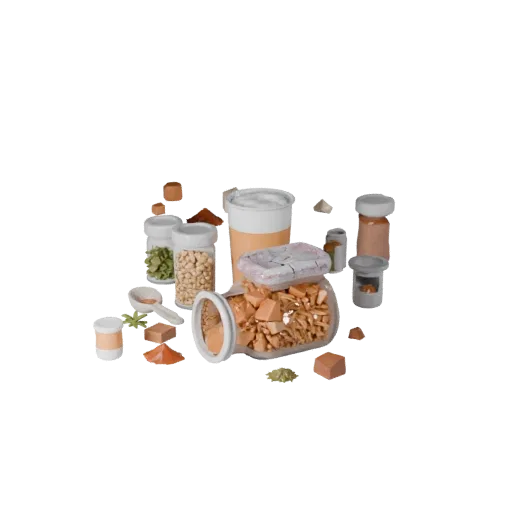 Baking Spice Jars Product Viz 3D model, three-quarter studio product render, showing powders, small ingredient shapes.