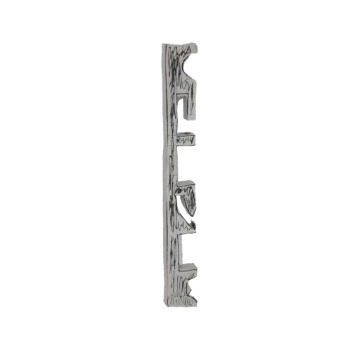 Um modelo 3D de placa rústica 'Bem-vindo' com textura de madeira e letras desenhadas à mão, apresentado verticalmente.