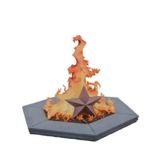 3D model of a bonfire with a metallic brown star in the center, surrounded by stylized orange flames on a hexagonal base.