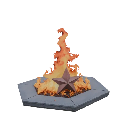 3D model of a bonfire with a metallic brown star in the center, surrounded by stylized orange flames on a hexagonal base.