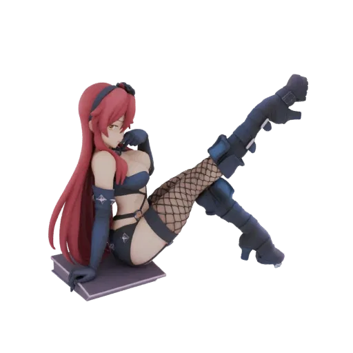 A 3D render of a gothic anime girl with long red hair, wearing a dark outfit with fishnet stockings and thigh-high boots, pos