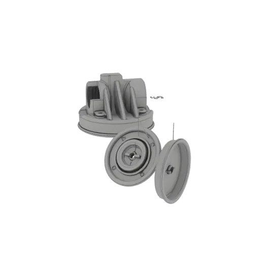 Wireframe 3D model of an industrial gearbox component, showing a main housing with fins and two separate circular parts.