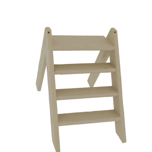 3D model of a light-colored wooden step stool with four steps, shown against a white background.