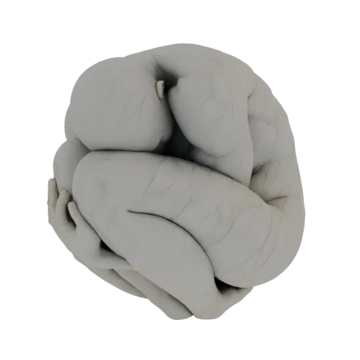 Modelo 3D de uma figura humana encolhida em posição fetal, renderizado em um material cinza fosco neutro contra um fundo bran