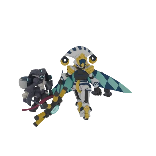 3D render of two futuristic mecha robots: a large winged warrior in white and gold, and a smaller dark companion with a scyth