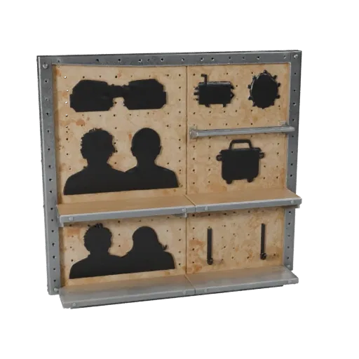 Garage Pegboard Wall Realistic 3D model, three-quarter studio render, showing steel frames, stable fixtures.