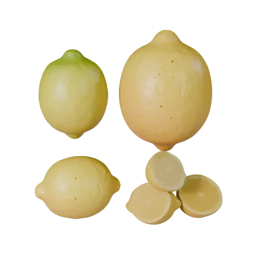 Lemon Printable 3D model, isometric STL render, showing skin pores, recognizable fruit forms.