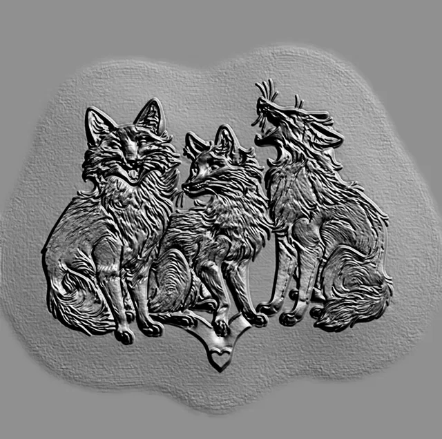 Modelo 3D de bajorrelieve de tres zorros, realizado en estilo grabado, con pelaje detallado y poses expresivas.