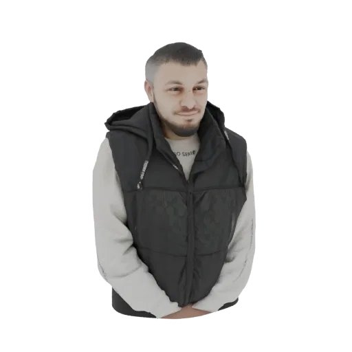 Modelo 3D hombre pelo corto y barba, con chaleco acolchado negro sobre sudadera clara, mirando de lado.