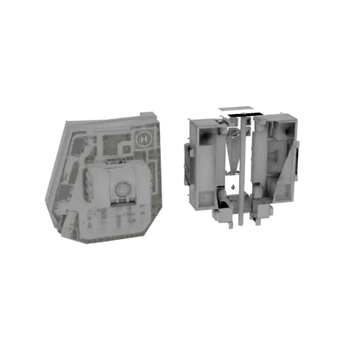 3D model of a modern hospital complex with a helipad, shown from an aerial view and a cutaway interior view.