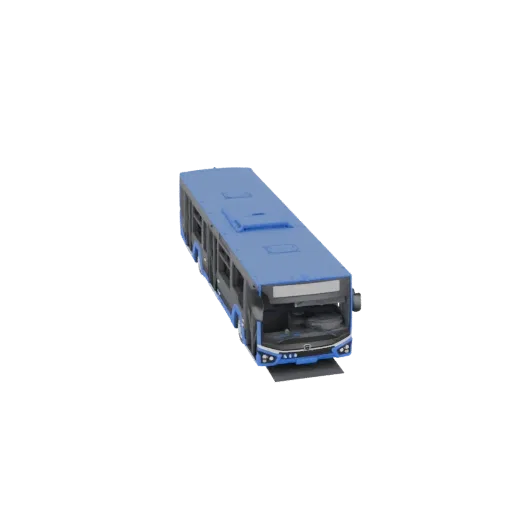 A 3D render of a blue city bus with a black trim, viewed from a slightly elevated angle against a black background.
