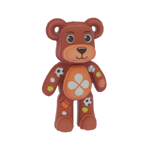 3D model of a brown teddy bear with a friendly face, wearing a patterned outfit decorated with soccer balls, tennis balls, an