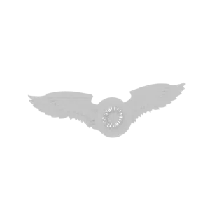 Render de modelo 3D de un emblema de rueda alada blanco sobre un fondo blanco.