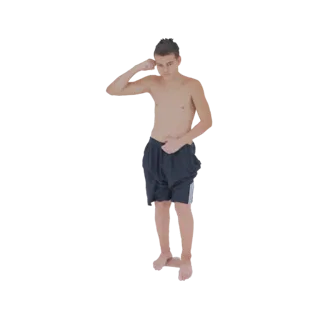 3D model of a young man with short dark hair, wearing dark shorts, striking a flexing biceps pose with his right arm raised.