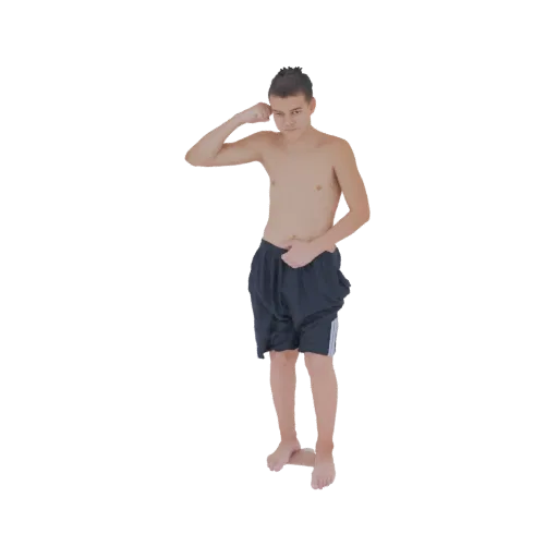 3D-Modell eines jungen Mannes mit kurzen dunklen Haaren, der eine dunkle Shorts trägt und eine Bizeps-Pose mit erhobenem rech
