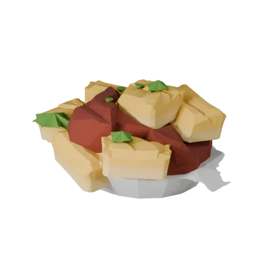 Gourmet Pasta Plate Low Poly 3D model, game viewport three-quarter view, showing sauces, plated composition.