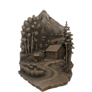 3D model of a rustic mountain cabin scene with sheep, a well, trees, and a mountain peak, rendered in a bronze finish.
