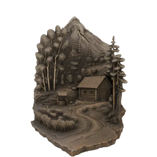 3D-Modell einer rustikalen Berghütten-Szene mit Schafen, Brunnen, Bäumen und Berggipfel, in Bronze-Finish gerendert.