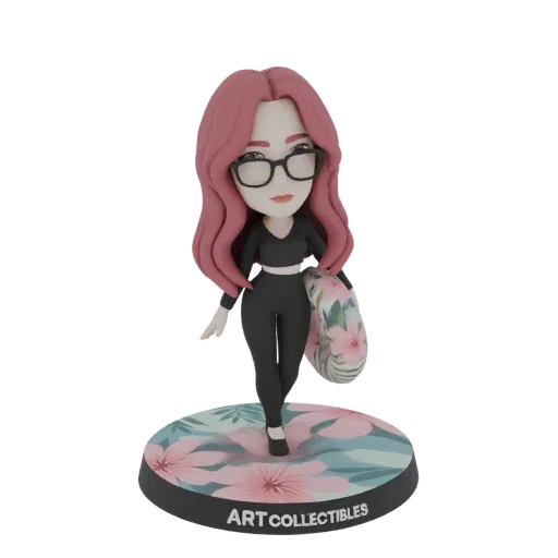 3D-Modell eines Chibi-Mädchens mit pinken Haaren, Brille und einer Blumen-Tasche, das auf einem dekorativen Sockel steht.