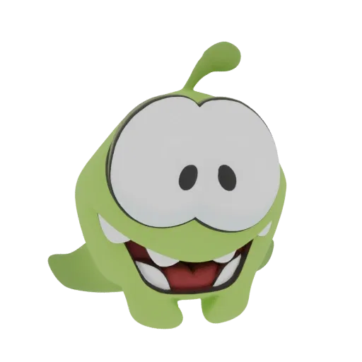 A 3D render of Om Nom, the green creature from Cut the Rope, with large eyes and a wide smile, against a white background.