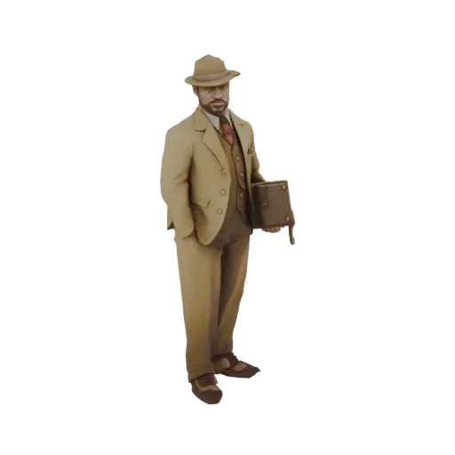 Modello 3D gentiluomo anni '20 in abito beige e fedora, con valigetta marrone.