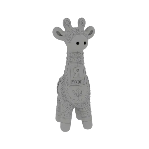 3D model of a gray giraffe toy with intricate geometric patterns and tribal-inspired designs, standing on a white background.