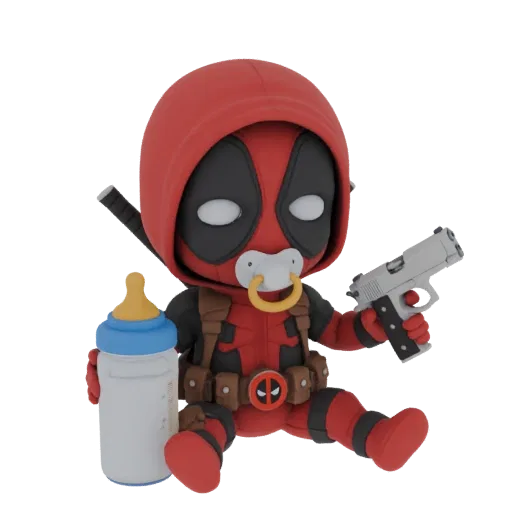 Modelo 3D de um Deadpool chibi como bebê, sentado com chupeta, segurando pistola e mamadeira.