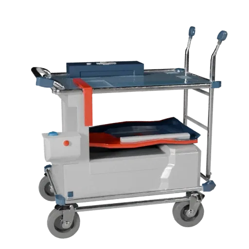 Emergency Medical Cart Low Poly 3D model, game viewport three-quarter view, showing painted metal, clinical silhouette.