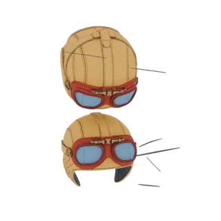 Un rendu 3D d'un casque d'aviateur vintage avec des lunettes à monture rouge, montré sous deux angles différents sur fond bla