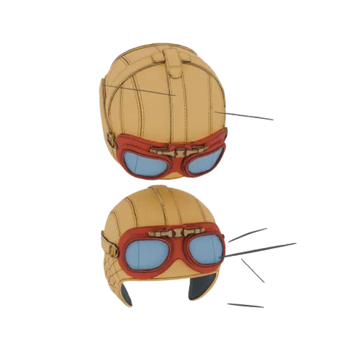 Un rendu 3D d'un casque d'aviateur vintage avec des lunettes à monture rouge, montré sous deux angles différents sur fond bla