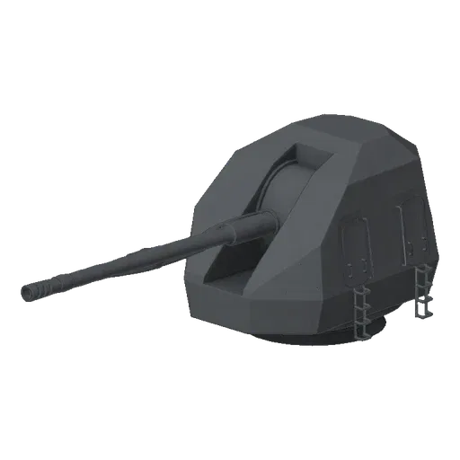 A 3D render of a gray, untextured naval gun turret with a long barrel angled slightly upwards, set against a white background