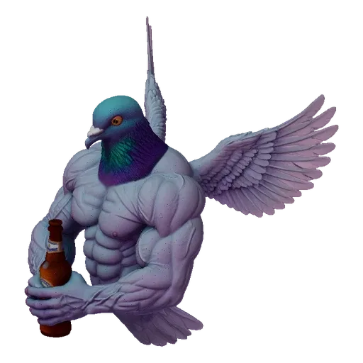 3D model of a muscular pigeon with iridescent neck feathers, holding a brown beer bottle in its hands.
