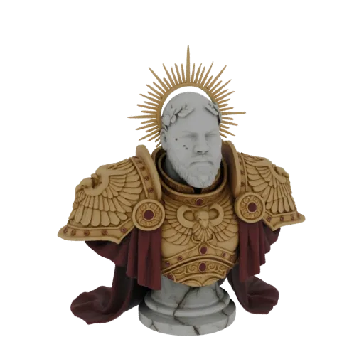 3D model render of a regal emperor bust with golden armor, a red cape, and a radiant halo, set against a white background.