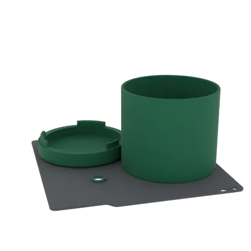 3D render of a green cylindrical container with its lid placed beside it on a dark gray mat, against a white background.