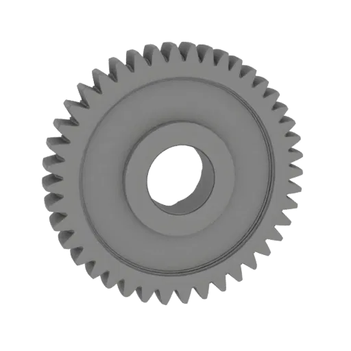 A grey 3D model of a spur gear with 20 teeth, a central D-shaped hole, and locking tabs on its faces.